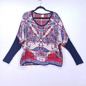 Bila Blouse Size Large Boho Colorful Hippie Sequin Paisley Plaid Long Sleeve